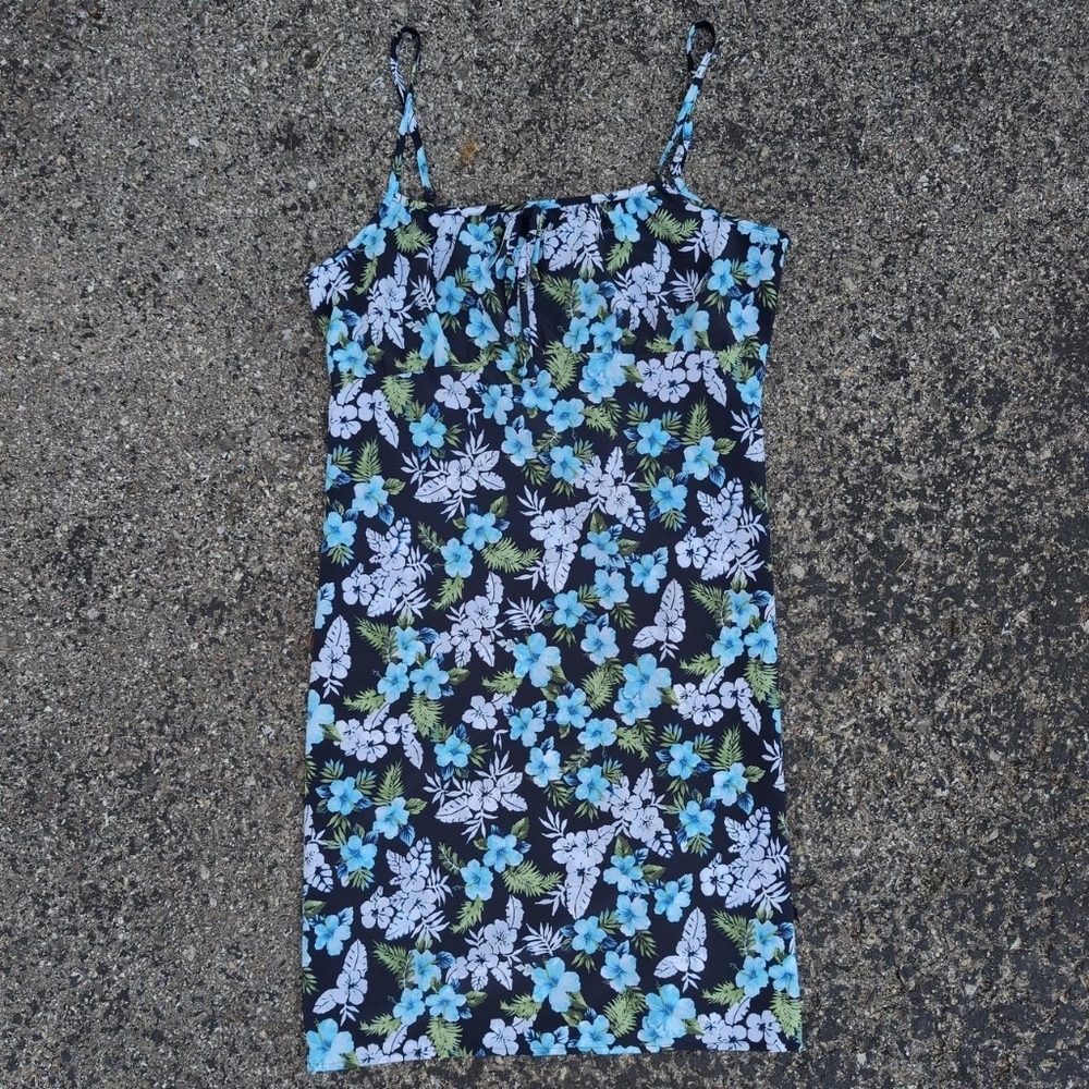 Blue & Green Fashion Bug Y2K Tropical Hibiscus Vacation Milkmaid Dress Plus Size